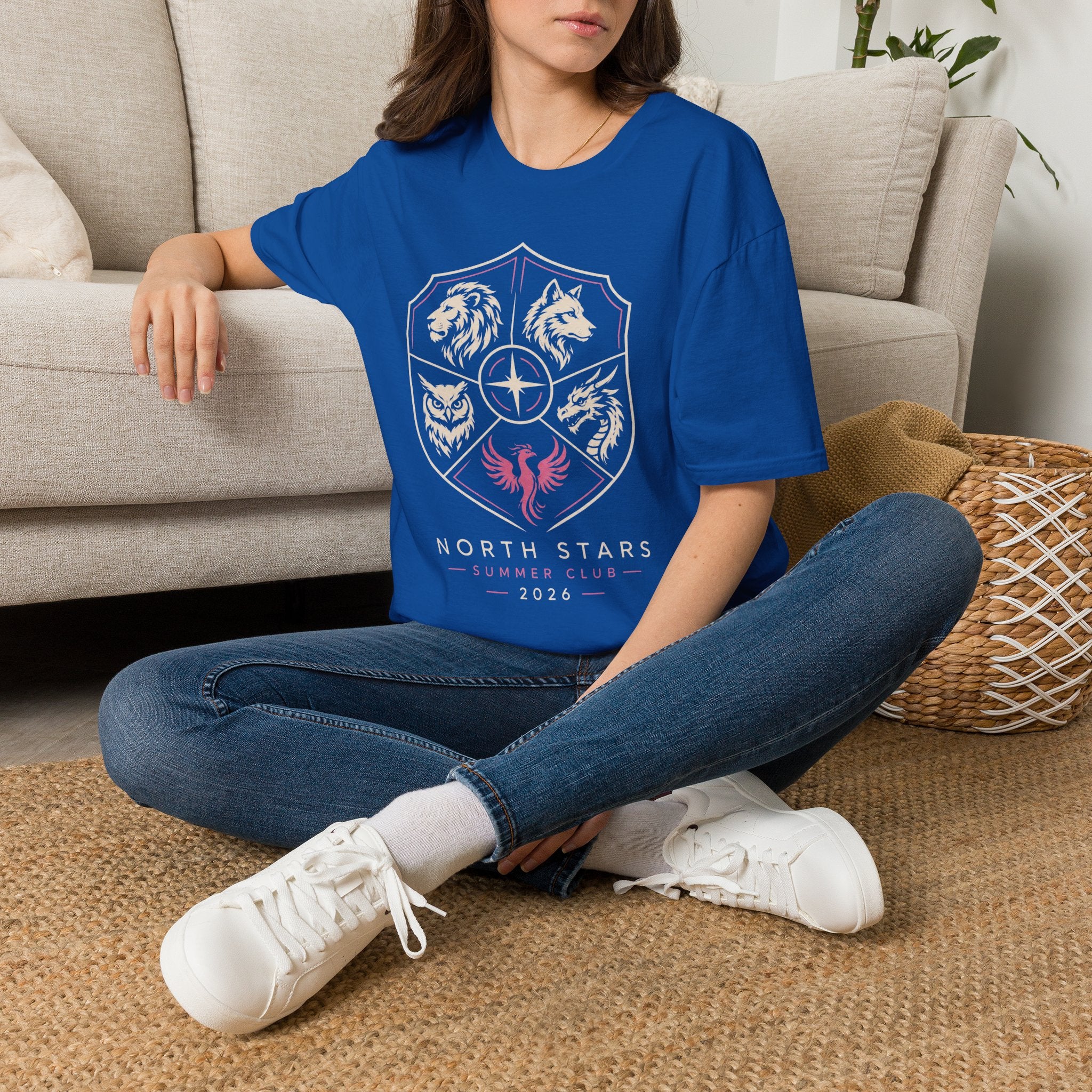 North Stars Crest T‑Shirt — Animal Shield Graphic (Lion, Wolf, Owl, Raven)