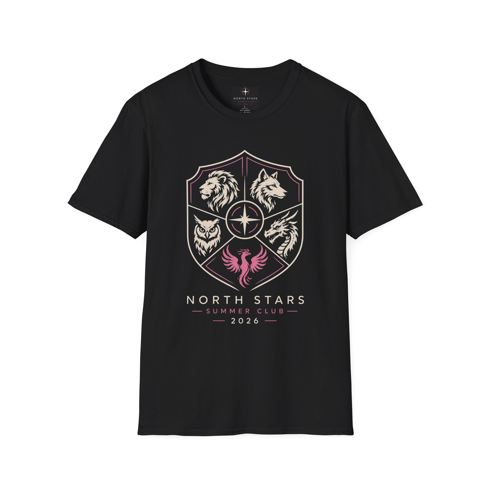 North Stars Crest T‑Shirt — Animal Shield Graphic (Lion, Wolf, Owl, Raven)