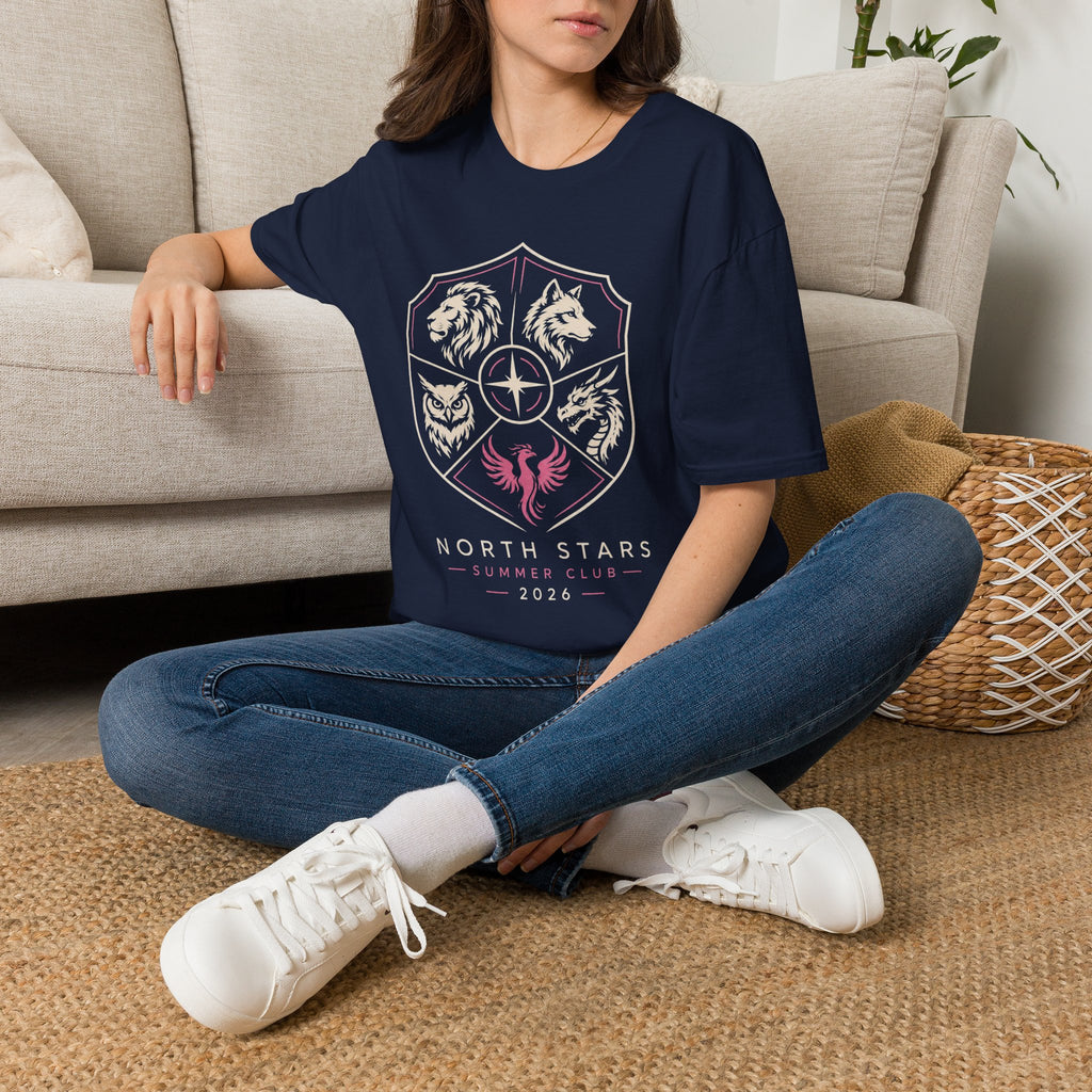 North Stars Crest T‑Shirt — Animal Shield Graphic (Lion, Wolf, Owl, Raven)