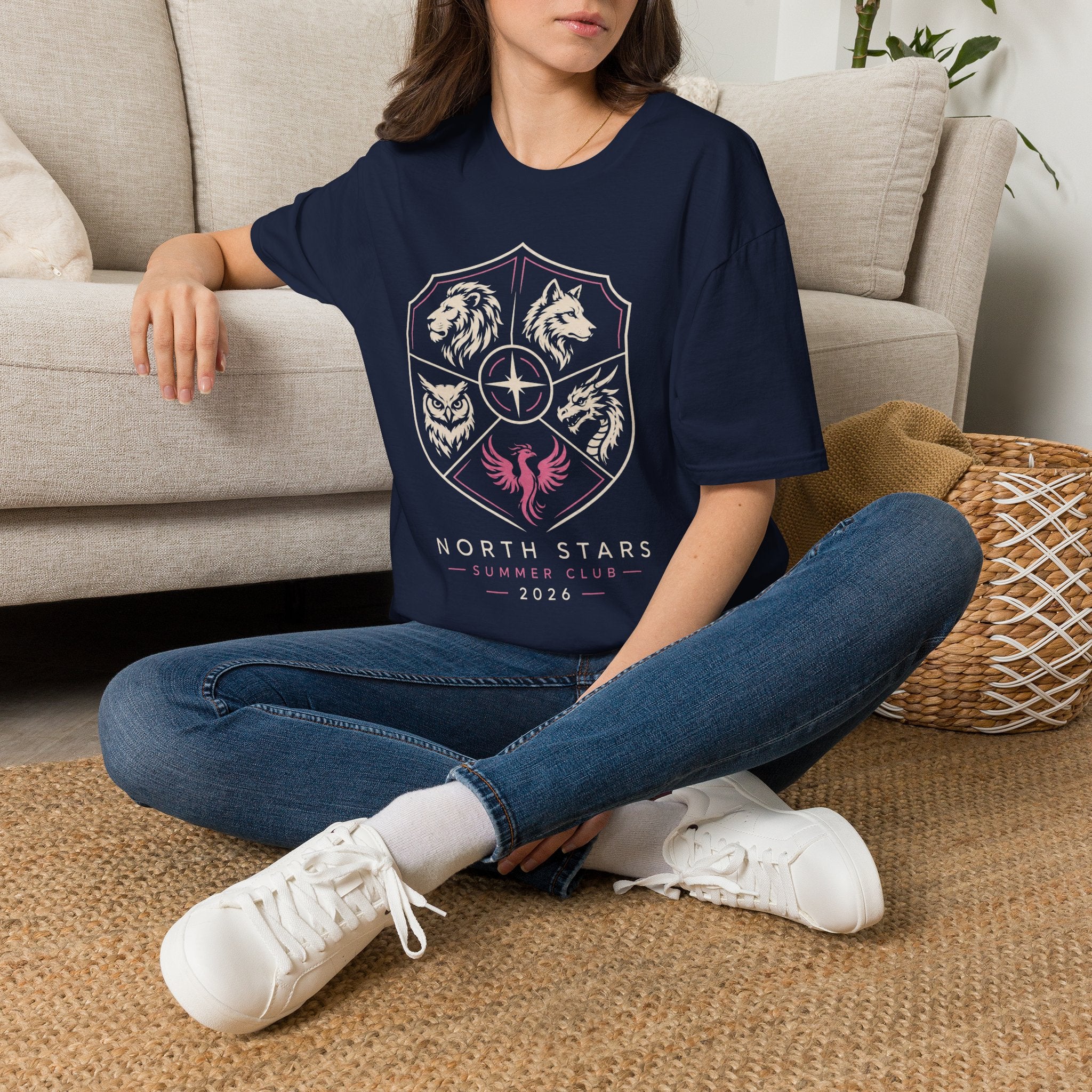 North Stars Crest T‑Shirt — Animal Shield Graphic (Lion, Wolf, Owl, Raven)