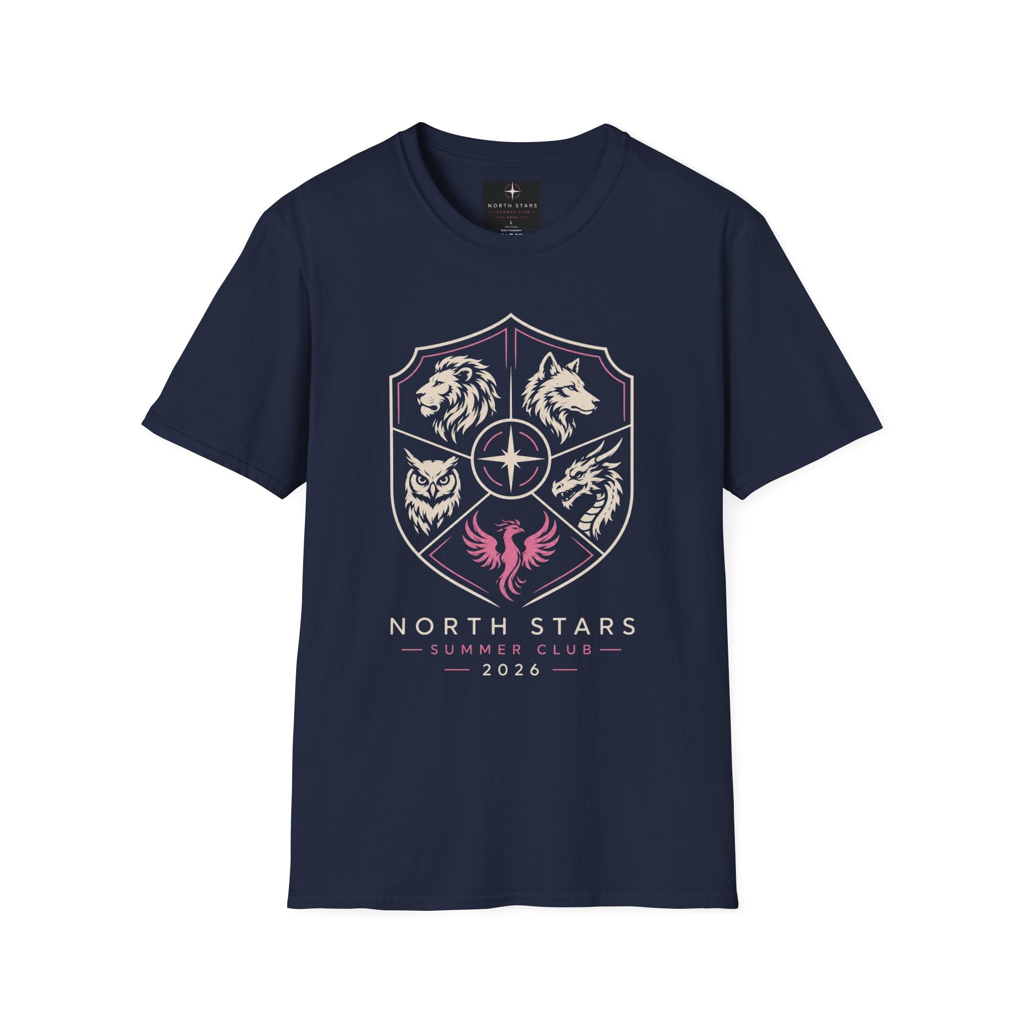 North Stars Crest T‑Shirt — Animal Shield Graphic (Lion, Wolf, Owl, Raven)