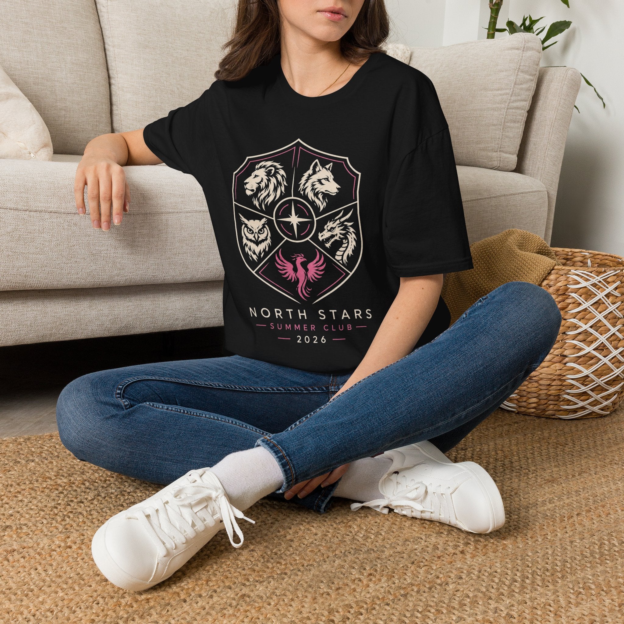 North Stars Crest T‑Shirt — Animal Shield Graphic (Lion, Wolf, Owl, Raven)